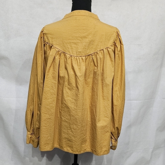 Oversized Gathered Yoke Line Mustard Button Up Blouse 100% Cotton Size Lg - Picture 5 of 7
